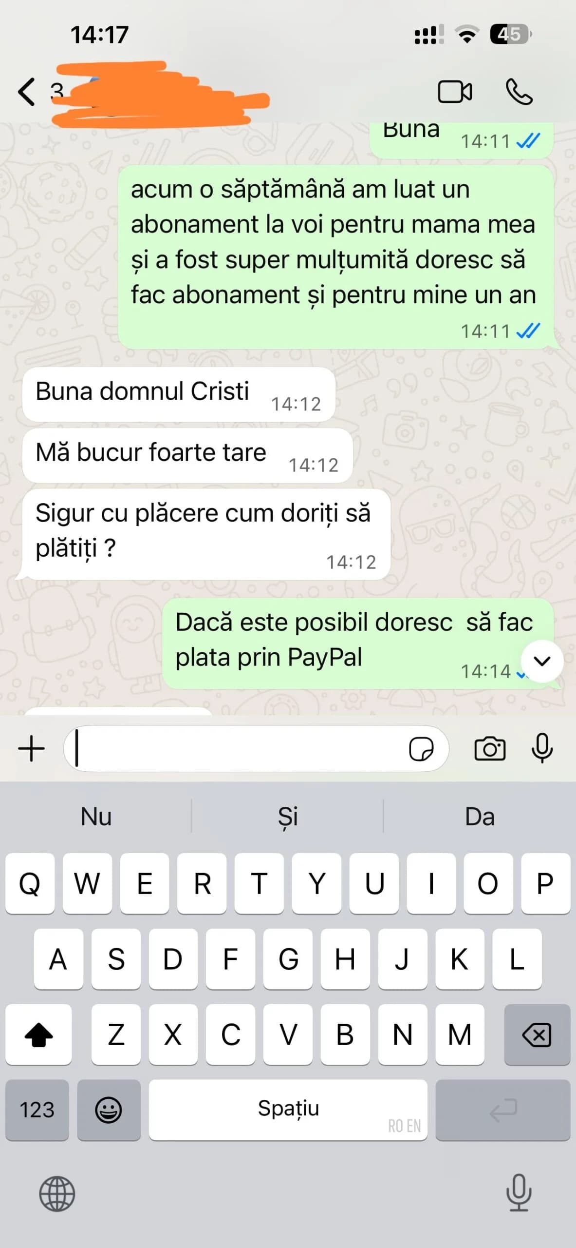 Conversație pe WhatsApp cu un abonat mulțumit